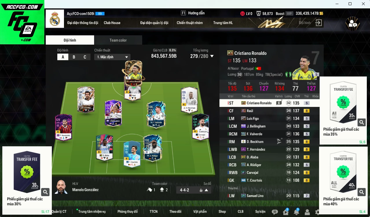 [Dư nhiều BP, ACC Rẻ🔥] Real Madrid 843.560b dư 336.000b có Valverde 25TS, CR7 DCB, Beckham RMA, Figo No.7, Bellingham WB, Rudiger 25TS, Raúl CC, Carvajal UP, Theo LOL... HLV Xịn, Dư 46.000 TC